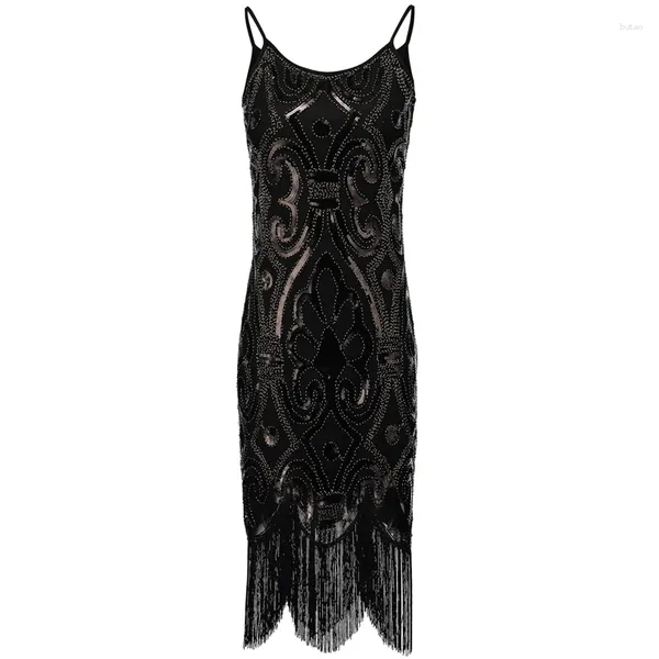 Vestidos casuais sexy preto lantejoulas franja cami vestido vintage paisley frisado sem mangas grande gatsby flapper mulheres pouco