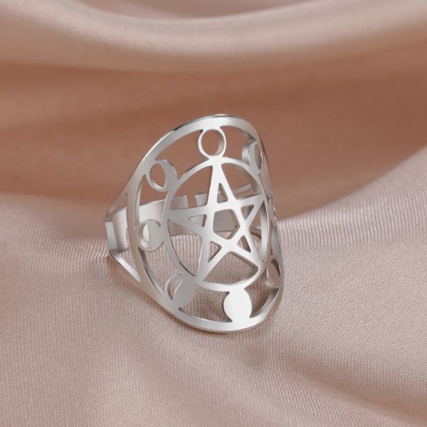 Mondphasen-Pentagramm-Pentagramm-Ring, 14 Karat Weißgold, verstellbare Fingerringe, Wicca-Amulett, Schmuck, Geschenk für Mutterliebhaber