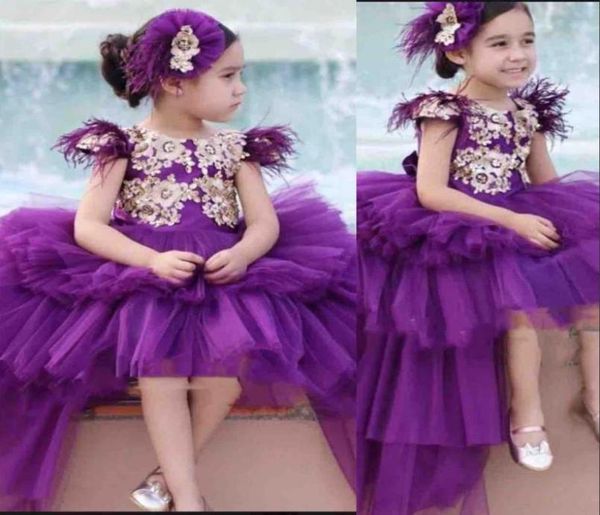 Lila Neue Ballkleid Mädchen Festzug Kleider Juwel Hals Gold Spitze Feder Kurze Ärmel Puffy Tiered High Low Länge Kinder Party Birt4179448