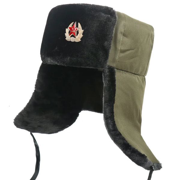 Emblema militar do exército soviético Rússia Ushanka Bomber Hats Pilot Trapper Trooper Chapéu Inverno Faux Rabbit Fur Earflap Homens Snow Caps 240113