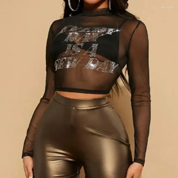 Mulheres camisetas Outono Y2K Top Mulheres See-through T-shirt Manga Longa Fix Broca Letras Slim Sheer Tops Sexy Clubwear Streetwear