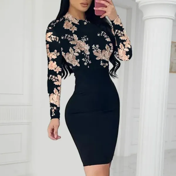 Vestidos casuais elegante cintura alta vestido mulheres magro olhar flor impressão caber mini com cintura manga longa para apertado