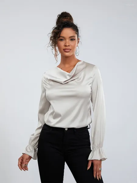 Camicette da donna Wsevypo Elegante raso grigio per le donne Ladies Tinta unita Manica lunga Collo ad anello Camicie slim Office Lady Plain Tops