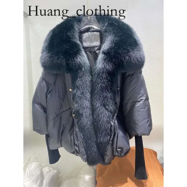 Designer Ppdda Giacca Moda Inverno Vera pelliccia di volpe Collo spesso caldo piumino Parka Donna Manica lavorata a maglia Sciolto Volpe bianca Felpa con cappuccio Cappotto in piumino d'anatra Giacca Mooses 65