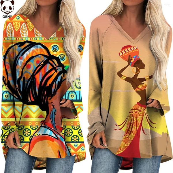 Mulheres Hoodies Mulheres Vintage V Pescoço Longo T Shirt Africano Primavera Outono Colorido Folk Art Impresso Mangas Pulôver Tops Senhoras Camisetas Muje