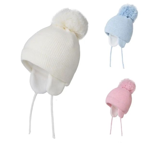 Connectyle infantil bebê inverno crânio chapéu velo forrado com earflap malha bonito pompom cor sólida gorro para meninos meninas 240113