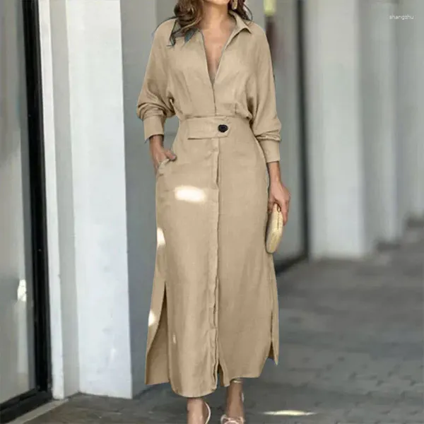 Casual Kleider Frauen Mode Kleid Elegante V-ausschnitt Langarm Khaki Maxi 2024 Frühling Party Club Tasche Split Schlitz Vestidos