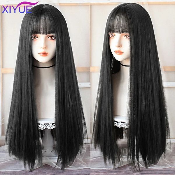 Xiyue uzun düz siyah, patlama sentetik s ile kadınlara ısıya dayanıklı doğal saç günlük cadılar bayramı cosplay partisi 240113