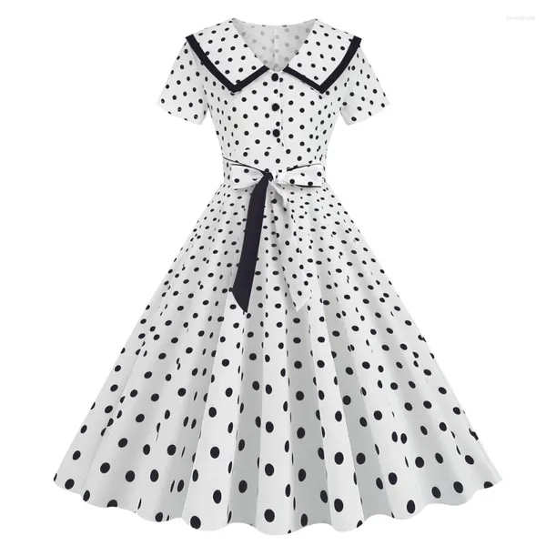 Vestidos casuais preto polka dot verão para mulheres 2024 robe vintage 50s 60s turn-down colarinho manga curta rockabilly vestido swing