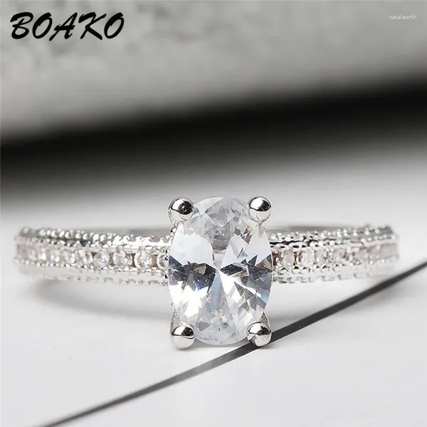 Com pedras laterais BOAKO anel de casamento cheio de prata joias temperamento corte marquise noivado para mulheres zircônia cúbica CZ Anelli Donna