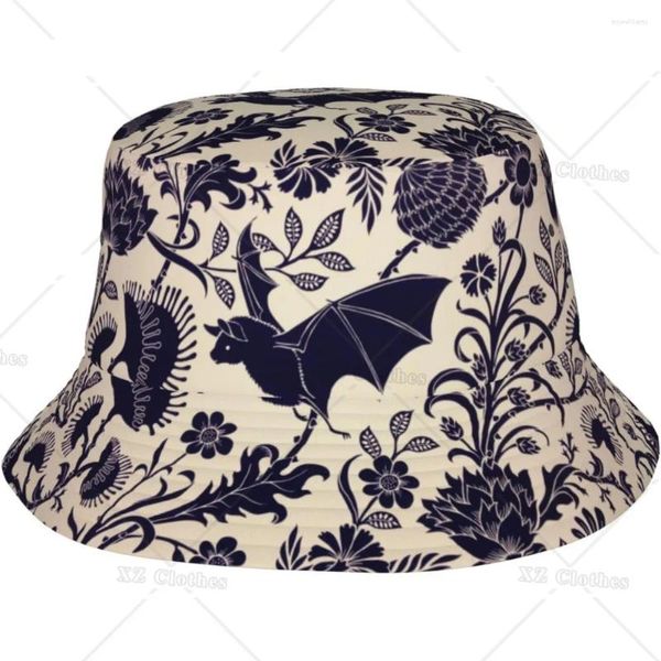 Berets Black Bat Floral Bucket Chapéu para Mulheres Homens Adolescentes Praia Ao Ar Livre Moda Empacotável Sun Cap Pesca Caps Pescador