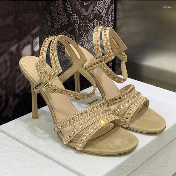 Sandalen Gladiator Damen 2024 Sandale Schuhe Dünner Absatz Stiletto Party Bling Strass Gürtel Knöchelriemen Offener Zehenschuh