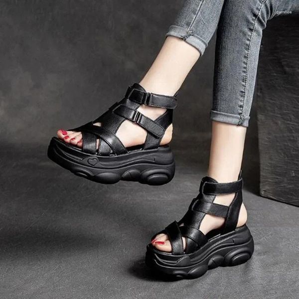 Sandalen 7CM Plattform Frauen Retro Schuhe Sommer Einstellbar Casual Gladiator Chunky Braun Damen Strand Sandalen