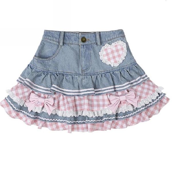 Preppy Style Lolita Kawaii Röcke Japanische Süße Mini Damen Harajuku Süßes Ballkleid Denim Skater Y2K Hohe Taille Spitze Kuchen 240113