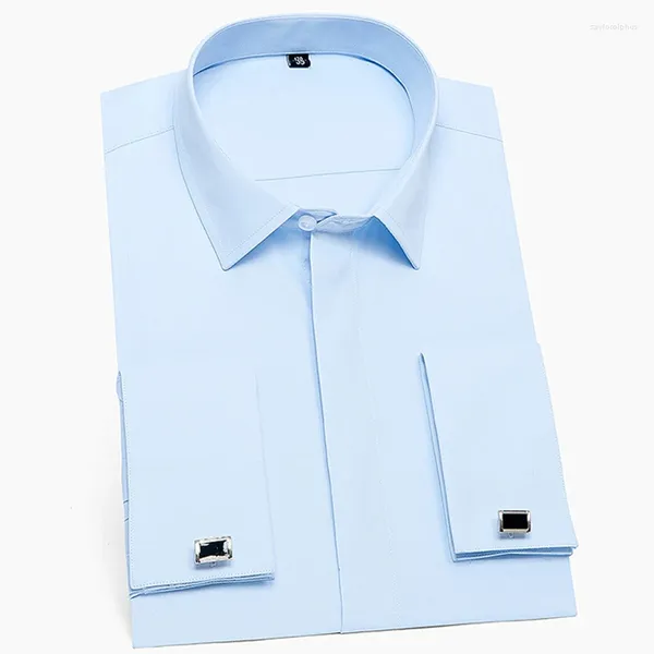 Camisas masculinas com punhos franceses, botões frontais ocultos, camisa sem bolso, ajuste regular, formal, manga longa, lisa