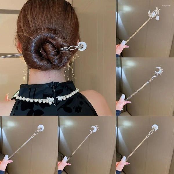 Fermagli per capelli Stile cinese acrilico Falce di luna Forcina Hanfu Copricapo Accessori antichi Lega di perle Nappa