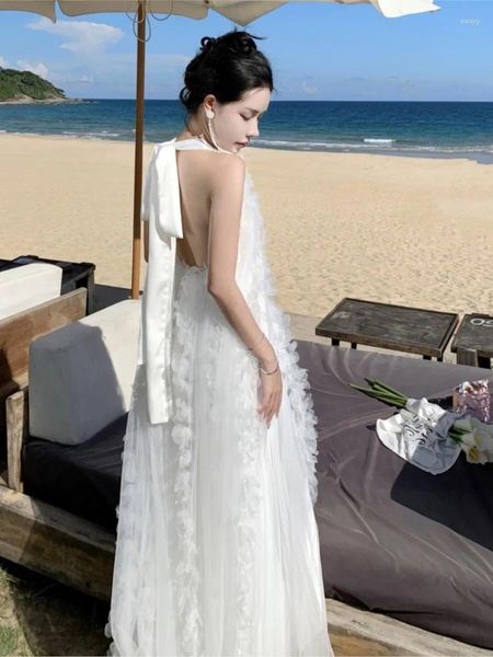 Lässige Kleider Französische Frauen Halter rückenfrei langes weißes viktorianisches Kleid Hochzeit Nachthemd Elegante Dame Fee Chic Robe Boheme Femme