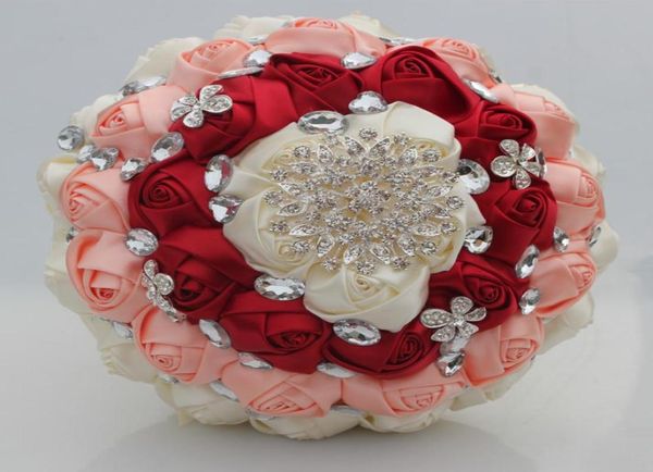 Avorio Vino Rosso Rosa Bouquet da sposa Dolce 15 Bouquet Quinceanera Bouquet da sposa Fiore artificiale Perle Fiore di raso di cristallo W28243516