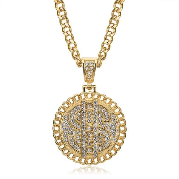 Hip hop iced out dólar sinais pingente masculino cor dourada 14k amarelo ouro cubana corrente colar para homens jóias de alta qualidade