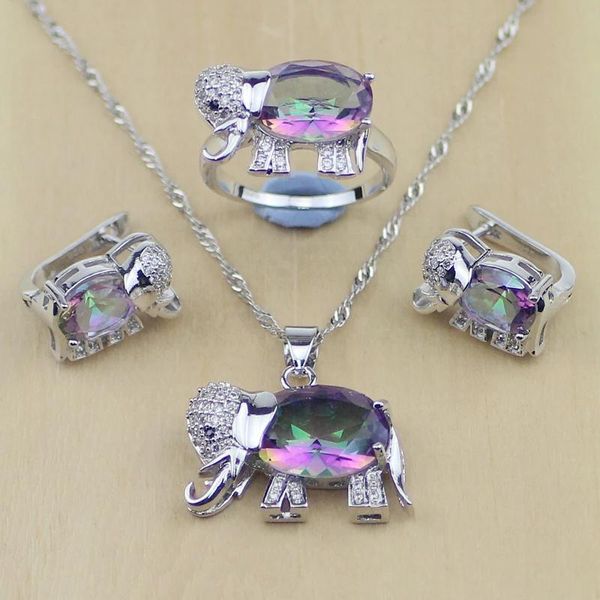 Colares Mystic Rainbow Cubic Zirconia Elefante Sterling Sier Conjunto de joias para mulheres Brincos de casamento/pingente/colar/anéis T004