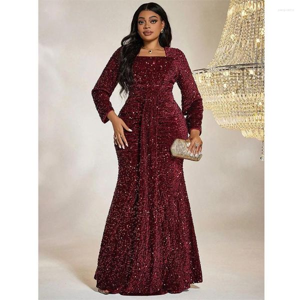 Abbigliamento etnico taglie forti collo quadrato paillettes lusso extra lungo abito da sera glitterato grandi donne banchetto di nozze abito rosso vino