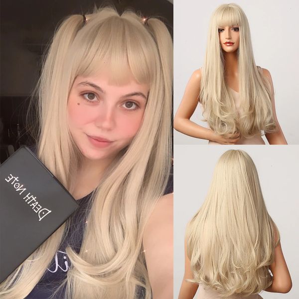 HENRY MARGU Длинные натуральные волнистые платиновые блондинки с челкой, синтетические волосы Лолиты для вечеринок для женщин, термостойкое волокно 240113