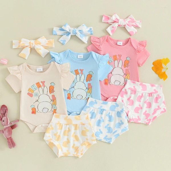 Set di abbigliamento 2024-12-21 Lioraitiin Born Baby Girls Outfit pasquale Manica corta Lettera Stampa Pagliaccetto Top Pantaloncini Set completo di fascia