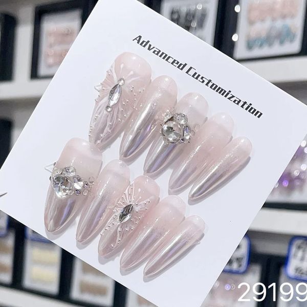 Imprensa de luxo artesanal em unhas amêndoa francês y2k adesivo reutilizável falso com design artificial manicure wearable dicas de unhas 240113