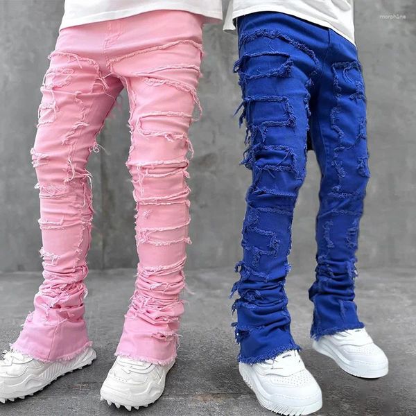 Jeans da uomo Pantaloni a gamba dritta in denim con toppa elastica per uomo Pantaloni larghi a vita alta punk skinny