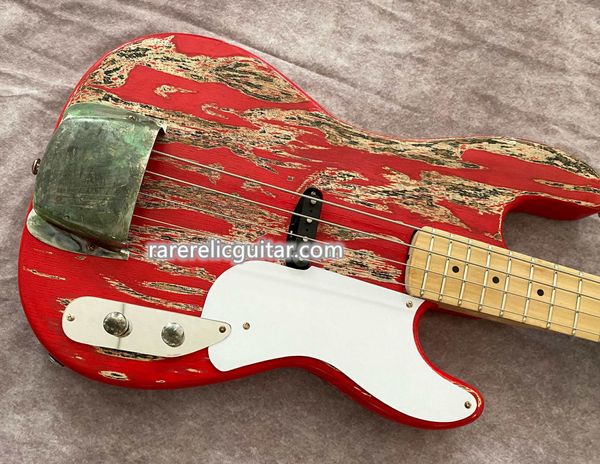 ZZ Top Dusty Hill Billygibbons John Bolin Peeler Hassasiyet Relic Kırmızı Elektrik Bas gitar Chrome Donanım Beyaz Pickguard Vintage Tuner Ayna Kontrol Plakası