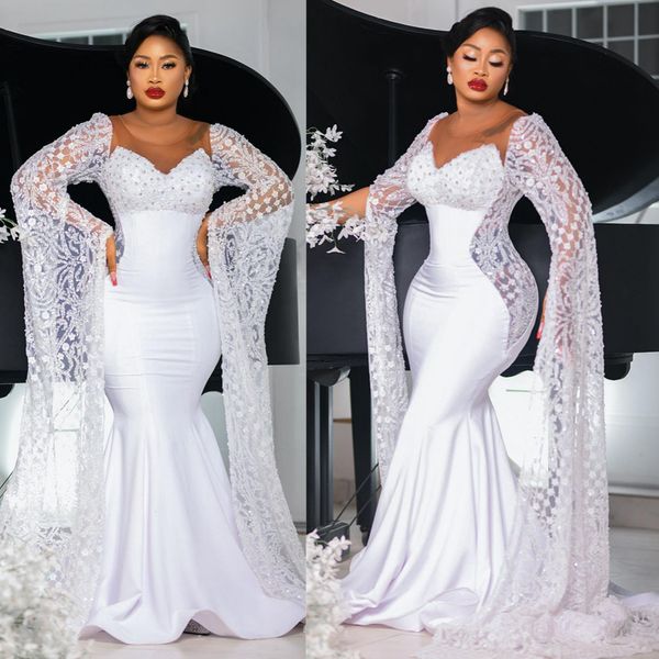 Abito da sposa a sirena di lusso per la sposa maniche lunghe in pizzo unico maniche trasparenti tulle abiti da sposa in raso per il matrimonio per le donne nere della Nigeria NW019