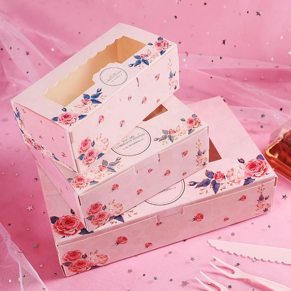 10 pçs caixa de presente de papel com janela flor rosa cupcake caixas de embalagem para bolo doces biscoitos festa de natal favores 240113
