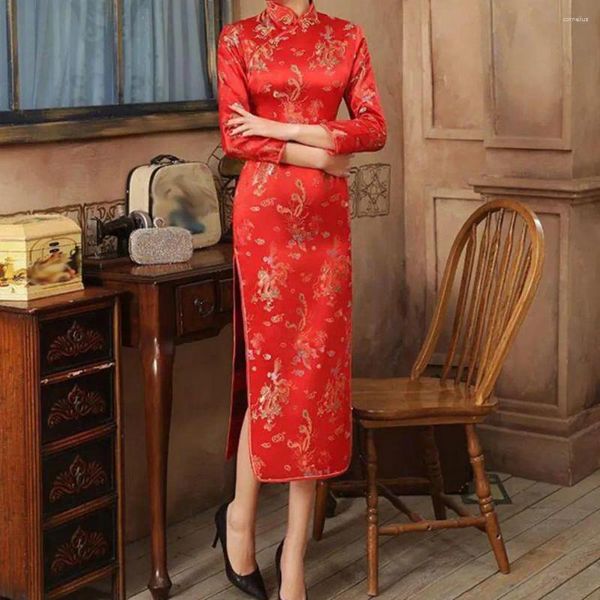 Abbigliamento etnico Abito cheongsam retrò Elegante stile cinese da donna per matrimoni Feste con spacchi alti Forchetta lunga Classico Qipao