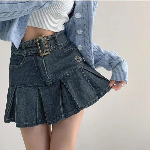 Saias denim saia plissada mulheres vintage sexy cintura alta a linha cinto bordado jean curto verão japonês y2k