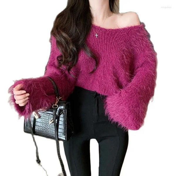 Kadın Sweaters gerçek pos yumuşak sahte kürk kazak gevşek tembel bayan uzun kollu kapalı omuz kış sonbahar örgü