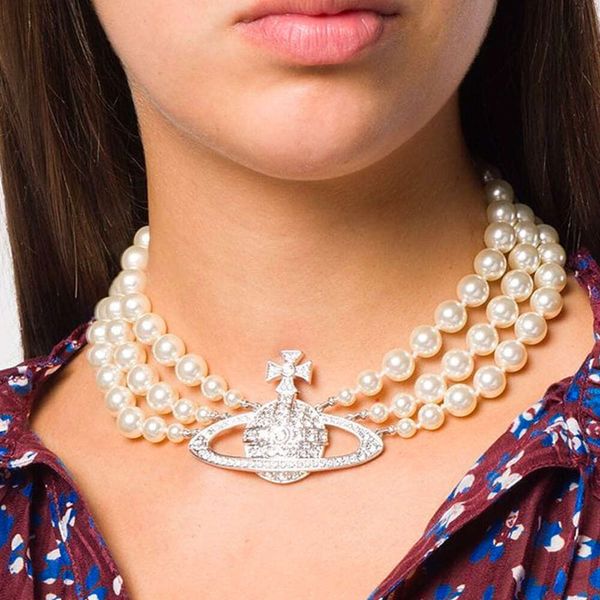 Viviennelies Créateur De Mode Trois Couches Saturne Noeud De Verre Perle Plein Diamant Grand Saturne Collier Designer Bijoutier Westwood Pour Femme Cadeaux De Haute Qualité