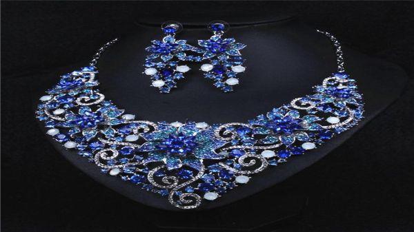 Leuchtende blaue Farben Blumenschmuck 2-teiliges Set Halskette Ohrringe Brautschmuck Brautaccessoires Hochzeitsschmuck T2212769699673