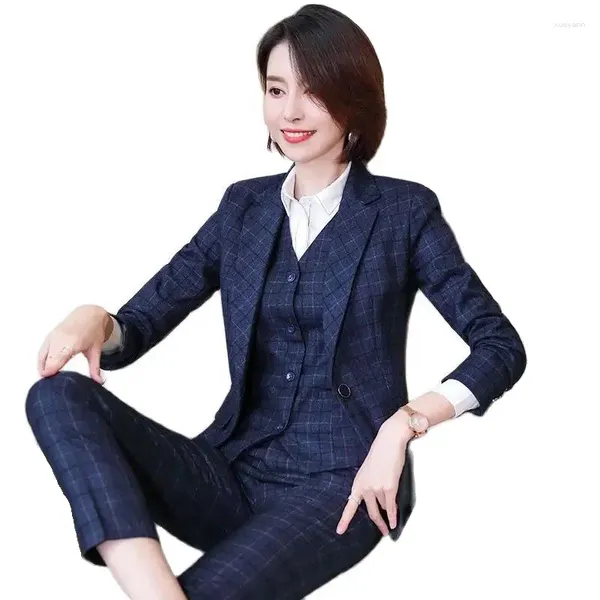 Calças femininas de duas peças uniformes formais designs mulheres ternos de negócios outono elegante xadrez para profissionais senhoras escritório trabalho desgaste ol estilos