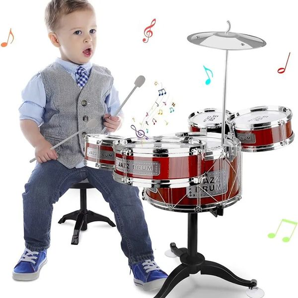 Kinder-Schlagzeug-Set, Musikspielzeug-Schlagzeug-Set für Kleinkinder, Jazz-Schlagzeug-Set mit Hocker, 2 Trommelstöcken, Becken und 5 Trommeln, Musikinstrumente 240113
