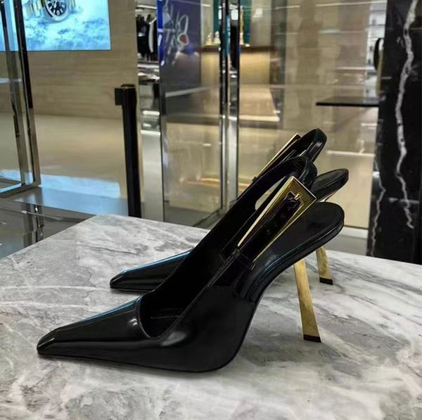 Salto alto preto pontiagudo, salto fino feminino, novo estilo de temperamento, sapatos únicos sexy de couro envernizado, sandálias francesas