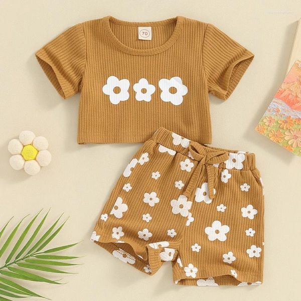 Conjuntos de roupas Kupretty Born Baby Girl Roupas de verão com nervuras de malha de manga curta Floral T-shirts Crop Tops Shorts Set