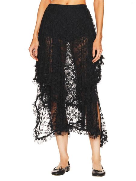 Saias Mulheres S Chic High-Low Tulle Saia Elegante Cor Sólida Ruffled A-Line Tutu Com Sheer Assimétrica Hem