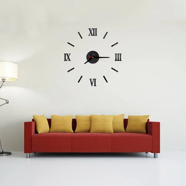 Relógios de parede Frameless 3D DIY Relógio Alarme Números Romanos Adesivo de Design Mudo para Escritório Casa Quarto