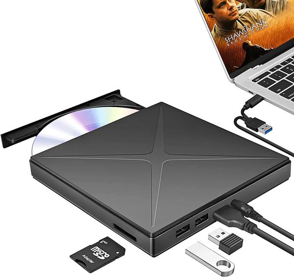 Внешний оптический привод USB 3.0 Портативный привод CD DVD/RW DVD-плеер для ноутбука Устройство записи компакт-дисков с USB-портом Слоты для карт TF/SD 240113