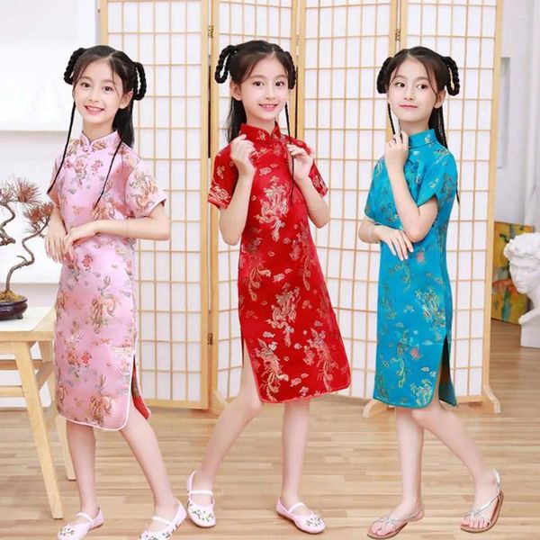 Abbigliamento etnico Bambini Ragazze Cheongsam Hanfu Stretto Phoenix Print Dress Abiti estivi per bambini Costumi tradizionali cinesi Principessa Satin