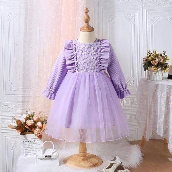 Платья для девочек Платье принцессы для малышей с длинными рукавами и круглым вырезом из тюля в стиле пэчворк трапециевидной формы с 3D цветочным декором для детей весна-осень