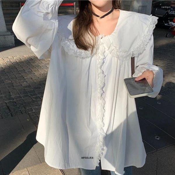 Женские блузки размера плюс 6XL, 150 кг, весенняя женская белая кружевная рубашка, свободная женская большая блузка с длинным рукавом, повседневная блуза, женские милые топы