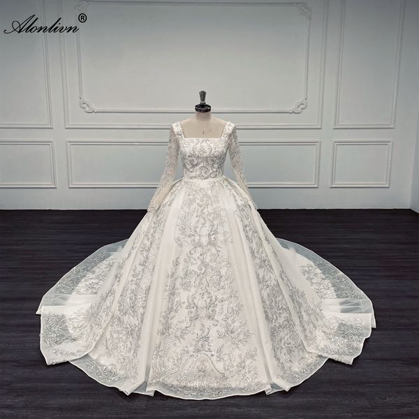 Alonlivn100% fotos reais luxo gola quadrada a linha vestido de casamento com miçangas strass pérolas bordado rendas manga cheia vestidos de noiva