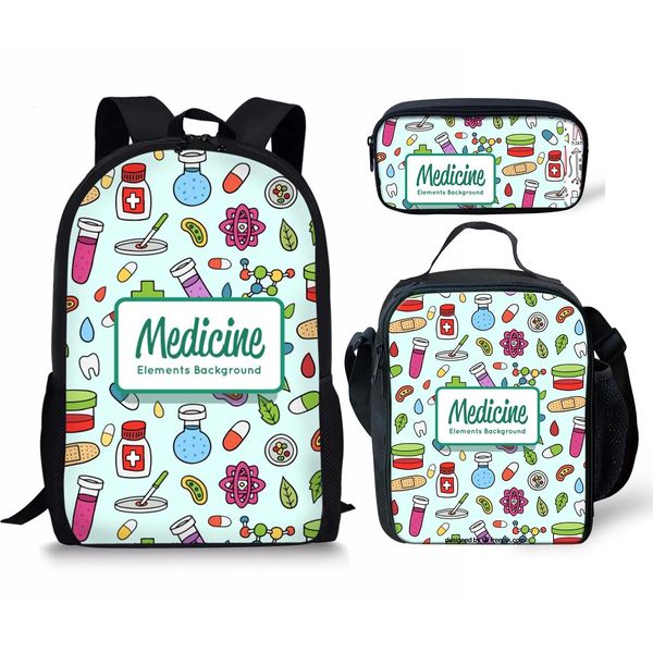 BASS Creative Funny Nurse Heart Backpacks Stampa cartone animato 3pcs/set di borse da scuola da pinna per il pranzo da pranzo da pranzo da pranzo