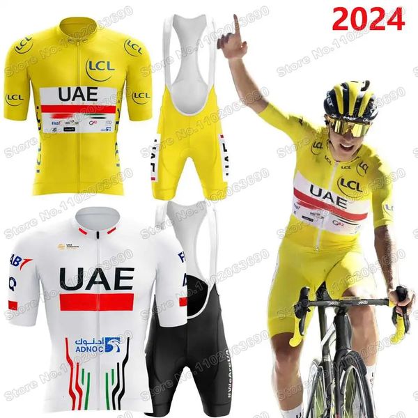 Conjunto de camisa de ciclismo da equipe dos Emirados Árabes Unidos Tadej Pogacar TDF roupas amarelo branco camisa de bicicleta de estrada terno bib shorts maillot 240113